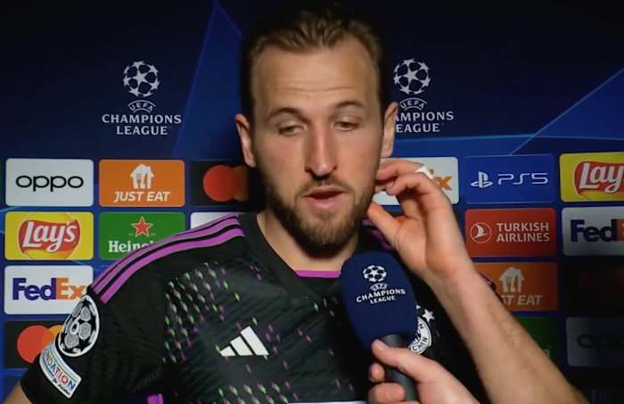 Harry Kane pictured speaking to TNT Sports after Bayern Munich's 1-0 loss to Lazio in the UEFA Champions League in February 2024